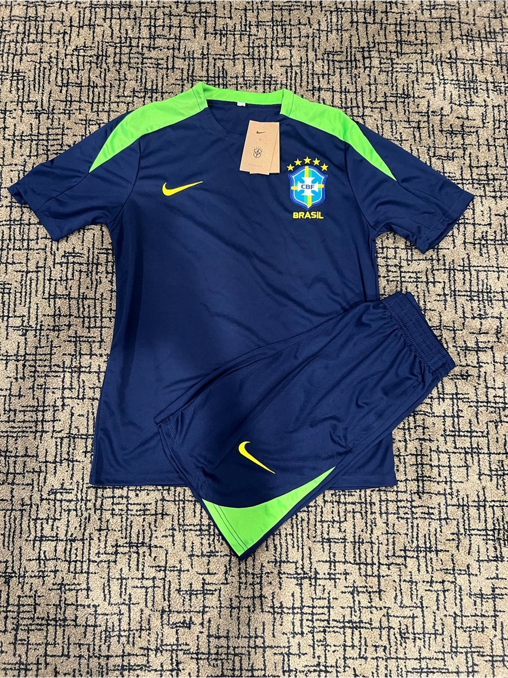 Nike Navy and Neon Green Brasil Soccer Top & Shorts
